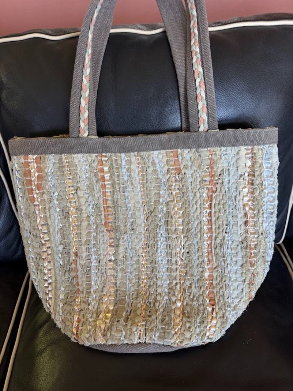 Mixed Fiber unique tote bag featuring silver, gold, and earth tone fibers
